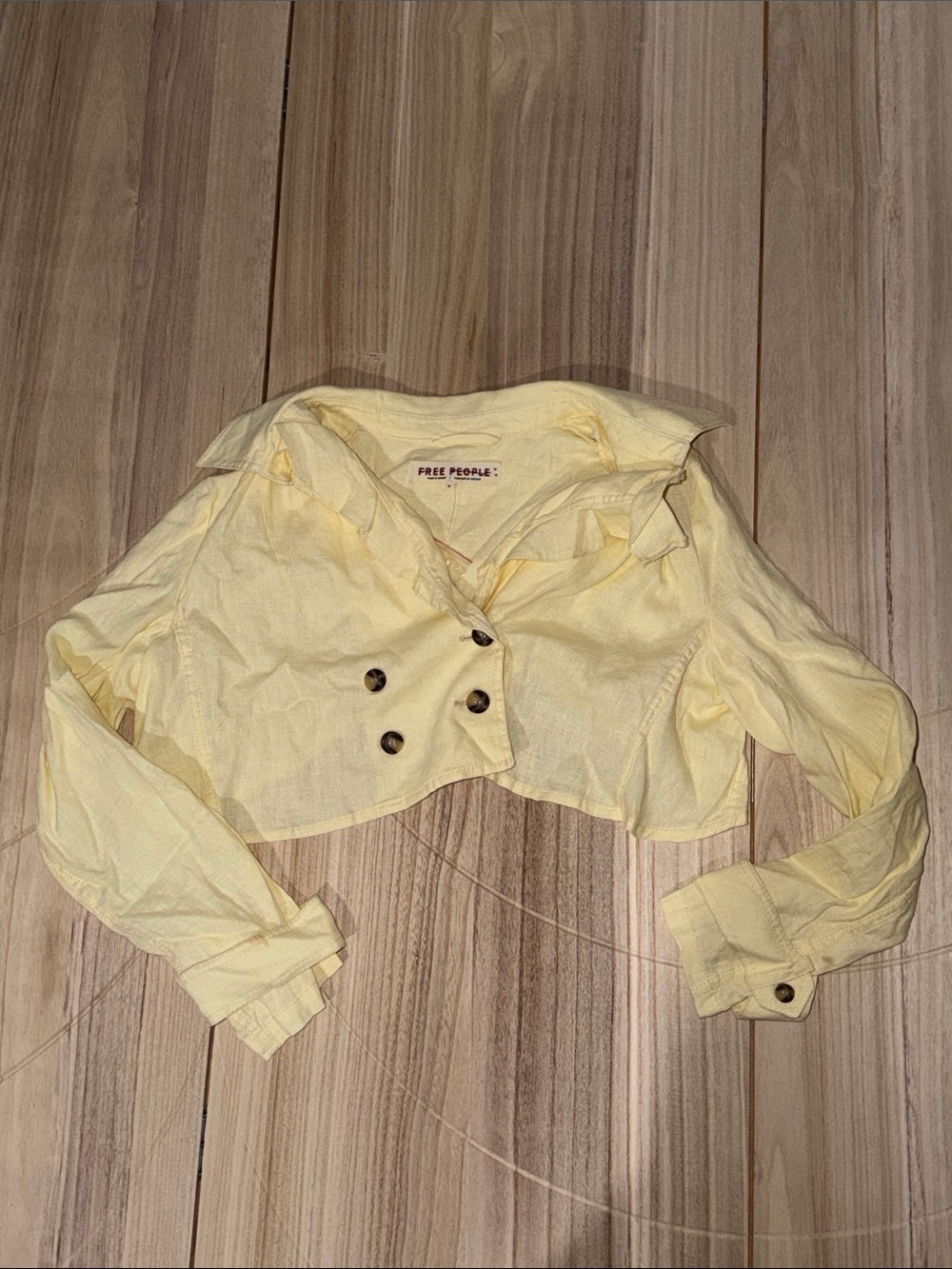 Free People Pale Yellow Cropped Double-Breasted Jacket